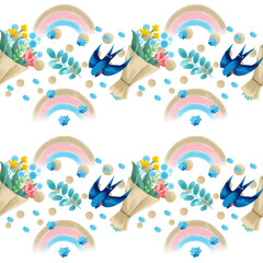 Fototapeta na wymiar Swallows pattern, bouquets, rainbow, blue flowers. White background. Retro provence style. Pastel shades. St. Valentine's Day. Gift packaging, wallpaper.