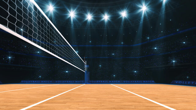 Sport arena interior and professional volleyball court and crowd of fans around. View of the player from under the net. Digital 3D illustration.
