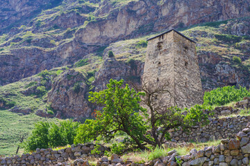 Fototapeta na wymiar The burial tower of Abai-Kala on the background of an ancient abandoned village. Chegetskoe gorge