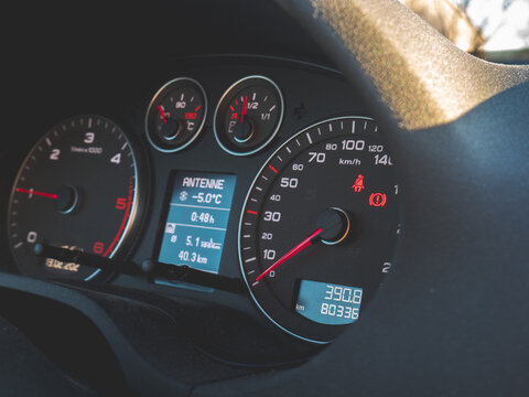 Close up shot of a speedometer in a car. Car dashboard with details with indication lamps and instrument panel. Modern interior