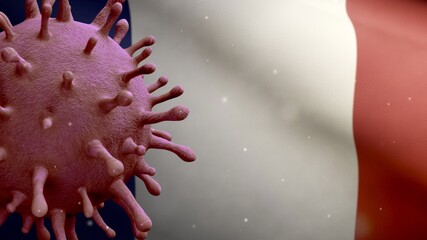 3D illustration Flu coronavirus floating over French flag. Pandemic covid 19
