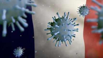 3D illustration Flu coronavirus floating over French flag. Pandemic covid 19