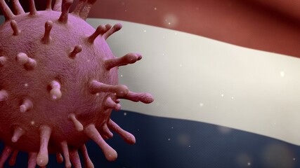 3D illustration Flu coronavirus floating over Dutch flag. Netherlands Covid 19