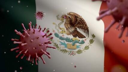 Flu coronavirus floating over Mexican flag. Mexico and pandemic Covid 19 virus