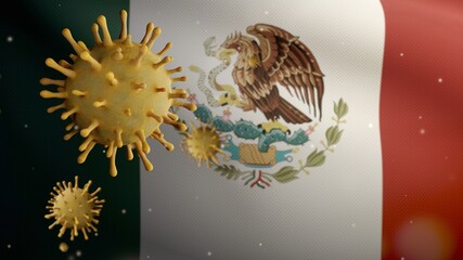 Mexican flag waving with Coronavirus outbreak. Pandemic Covid 19 Mexico virus