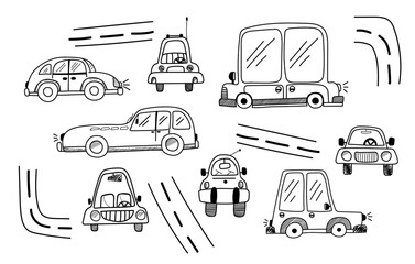 A set of vector different cute cars in doodle style on a white background. Children's cars for coloring pajamas, postcards