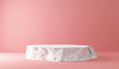 Fototapeta na wymiar Empty White Marble Stone Podium on Pink Studio Background