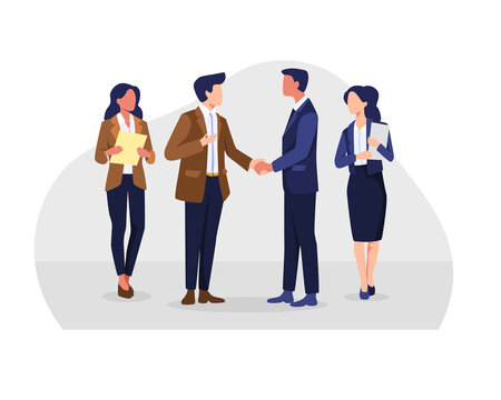 Business partnership illustration. Business people hand shake after negotiation, Businessmen shake hands. Successful negotiations, Agreement, Relationship, Partners meeting. Vector in a flat style