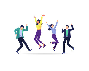 Successful business project. Happy positive men and women celebrating victory together. Young joyful people successful teamwork. Successful happy people in office wear. Vector illustration flat style