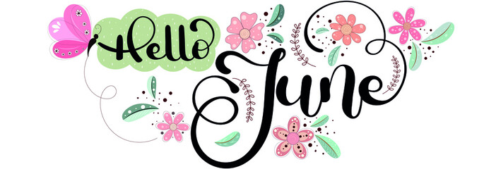 Hello June.  JUNE month vector with flowers, butterfly and leaves. Decoration floral. Illustration month June