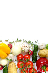 Fresh vegetables and sunflower seedlings on a white background with place for text. Vegetable background.