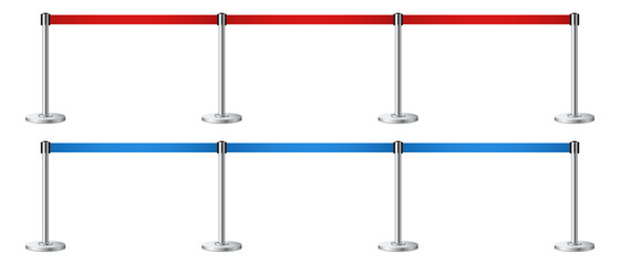 Obraz premium Set of realistic barrier fence with red and blue tape. Metallic poles. Red carpet event entrance gate, VIP zone, exclusive entrance, closed event restriction, museum exhibition concept. Vector