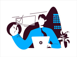 A man, an employee in a tie, works at a laptop and marks the checkbox in front of him for completing a task. The concept. Vector flat illustration in blue tones isolated on white background.