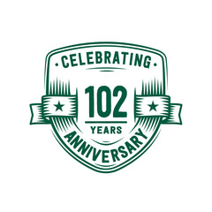 102 years anniversary celebration shield design template. 102nd anniversary logo. Vector and illustration.
