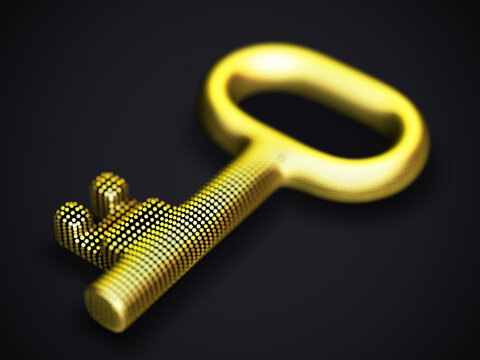 Digital 3D golden key on black background. Concept of data value, cyber security and business data protection: key made of digital yellow dots. EPS 10, vector illustration.