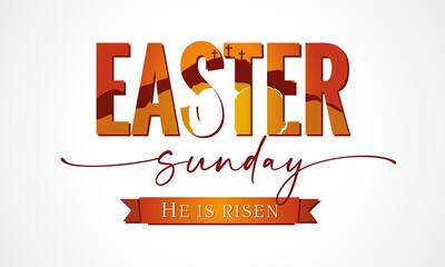 Easter Sunday lettering with Calvary and tomb in text. Easter Sunday, Holy Week banner with three cross and tomb. Vector illustration