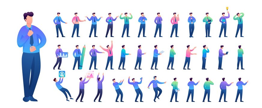 Set of Young Man. Presentation in various in various poses and actions. 2D Flat character vector illustration N9