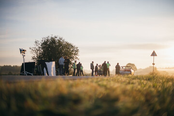 Film set and technology of modern shooting. Film crew, lighting devices, monitors, playbacks - filming equipment and a team of specialists