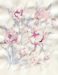 Watercolor Hand-drawn art botanical  background with peonies. Perfect for creatives, website, advertising, postcard, poster, cover art, invitation, brochure.