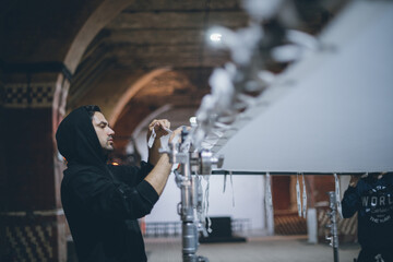 Illuminators with lighting equipment, lighting devices on the set. Lighting production for filming...