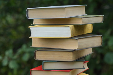 A stack of books in nature on a background of green leaves.