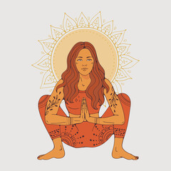 Yoga pose woman with a golden mandala on the background