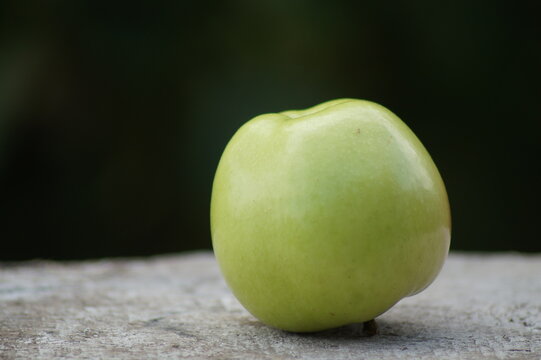One beautiful big green apple on a green background.