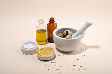 Eggshells scrub body mask ingredients on beige background.  Zero waste cosmetics.