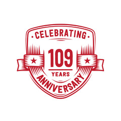 109 years anniversary celebration shield design template. 109th anniversary logo. Vector and illustration.
