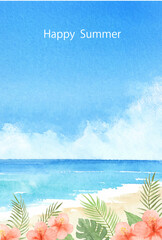 Fototapeta na wymiar 暑中はがき　空と海とハイビスカス　水彩イラスト