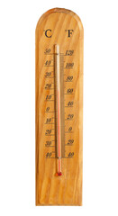 An old wooden alcohol thermometer with double scale for measuring temperature isolated on the white background