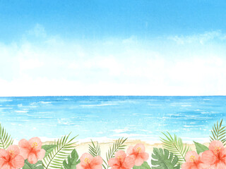 海とハイビスカスと青空　夏の背景　水彩イラスト © miko