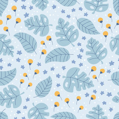 Fototapeta na wymiar Floral seamless pattern on blue background. Hand drawn doodle monstera and tropical leaves. Small yellow and blue flowers field. Vector illustration.