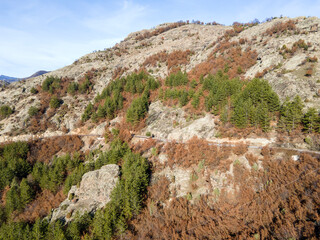 Aerial view of Rhodope Mountains near Borovitsa Reservoir, Bulgaria