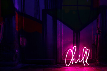 Pink neon sign chill. Trendy style. Neon sign. Custom neon. Home decor. - obrazy, fototapety, plakaty