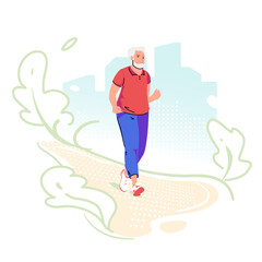 Running senior elderly man on green city background. Sport, fitness for pensioner. Active lifestyle care old person. Run in park outside. Healthy outdoor jogging. Vector illustration flat style