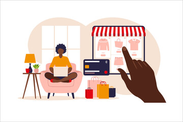 African woman shopping online on laptop. Vector illustration. Online store payment. Bank credit cards. Digital pay technology. E-paying. Flat style modern vector illustration.