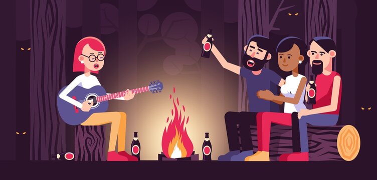 Girl singing campfire song for friends with acoustic guitar. People by the bonfire in the forest. Vector illustration.