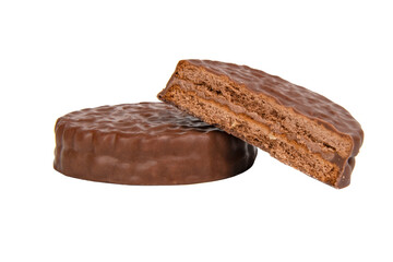 Brown chocolate sandwich cookies isolated on the white background