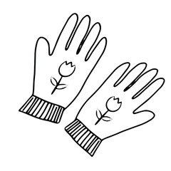 gardening gloves, gardening, contour black and white doodle drawing by hand, isolated on white background