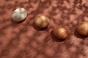 Regular chicken eggs from store on pinkish paper background with shadows from flower