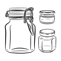 Glass jar. A set of drawings of cans, doodle style, sketch. Cans with a lid.
