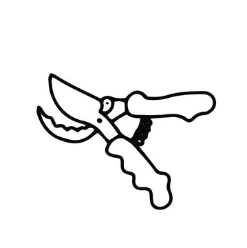 recommend clip art: pruner, gardening, contour black and white doodle drawing by hand, isolated on white background