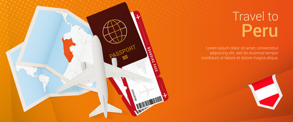Travel to Peru pop-under banner. Trip banner with passport, tickets, airplane, boarding pass, map and flag of Peru.
