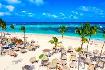 Beach vacation and travel background. Aerial drone view of beautiful atlantic tropical beach with...