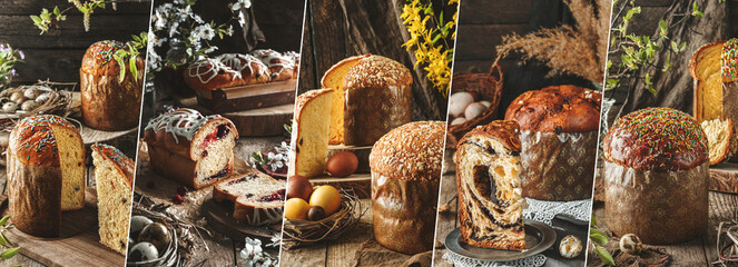 Food collage of various Homemade Easter cakes or bread kulich on rustic wooden table with easter eggs in nest and spring flowers. Happy Easter holiday, toning