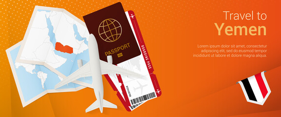 Travel to Yemen pop-under banner. Trip banner with passport, tickets, airplane, boarding pass, map and flag of Yemen.