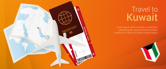 Travel to Kuwait pop-under banner. Trip banner with passport, tickets, airplane, boarding pass, map and flag of Kuwait.