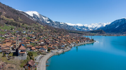 Fototapeta na wymiar Drone pictures of the village of Brienz and its lake, Switzerland. 