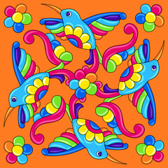Fototapeta na wymiar Mexican talavera ceramic tile pattern with tropical hummingbirds. Traditional decorative objects.